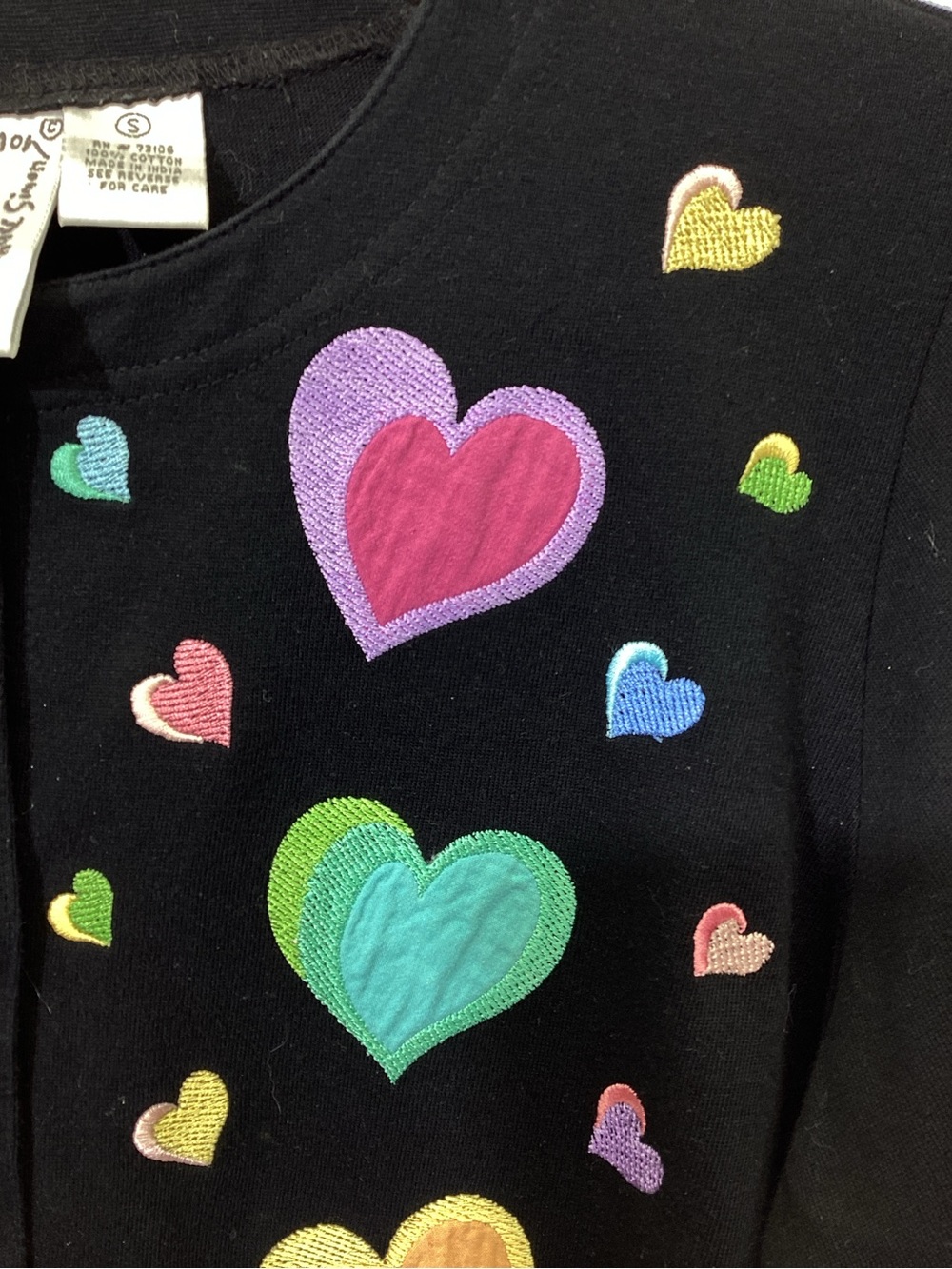 Michael Simon Lite Rmbroidered Heart Cardigan Button Small Whimsical Black - Picture 7 of 8
